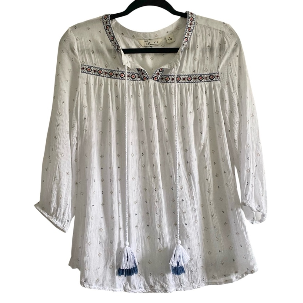 Caffe Marrakesh Embroidered Peasant Top White Boho Tassel Small